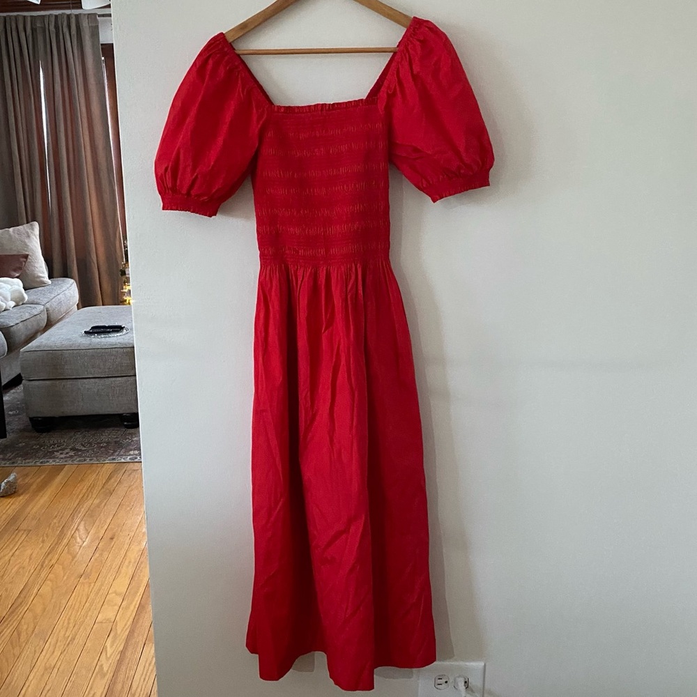 Madewell Women's Smocked Puff Sleeve Midi Dress | Red | Size XS